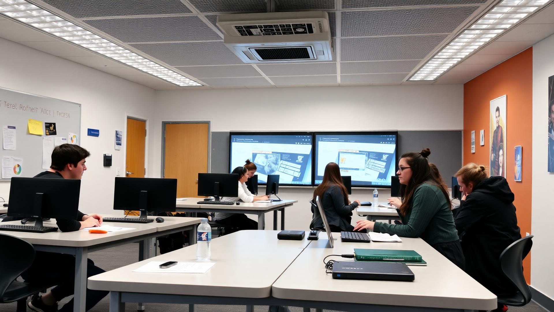 Instructor teaching students in modern classroom with laptops — Heidlebaugh Digital education marketing